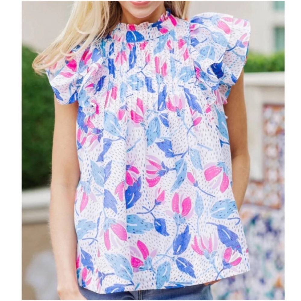 J. Marie Floral Ruffle Sleeve Blouse in Pink & Blue